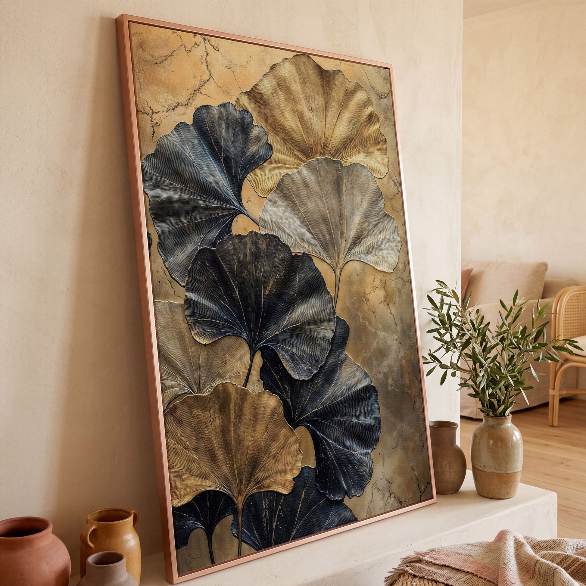 Golden Ginkgo Leaves on Charcoal Canvas in rose gold floating frame