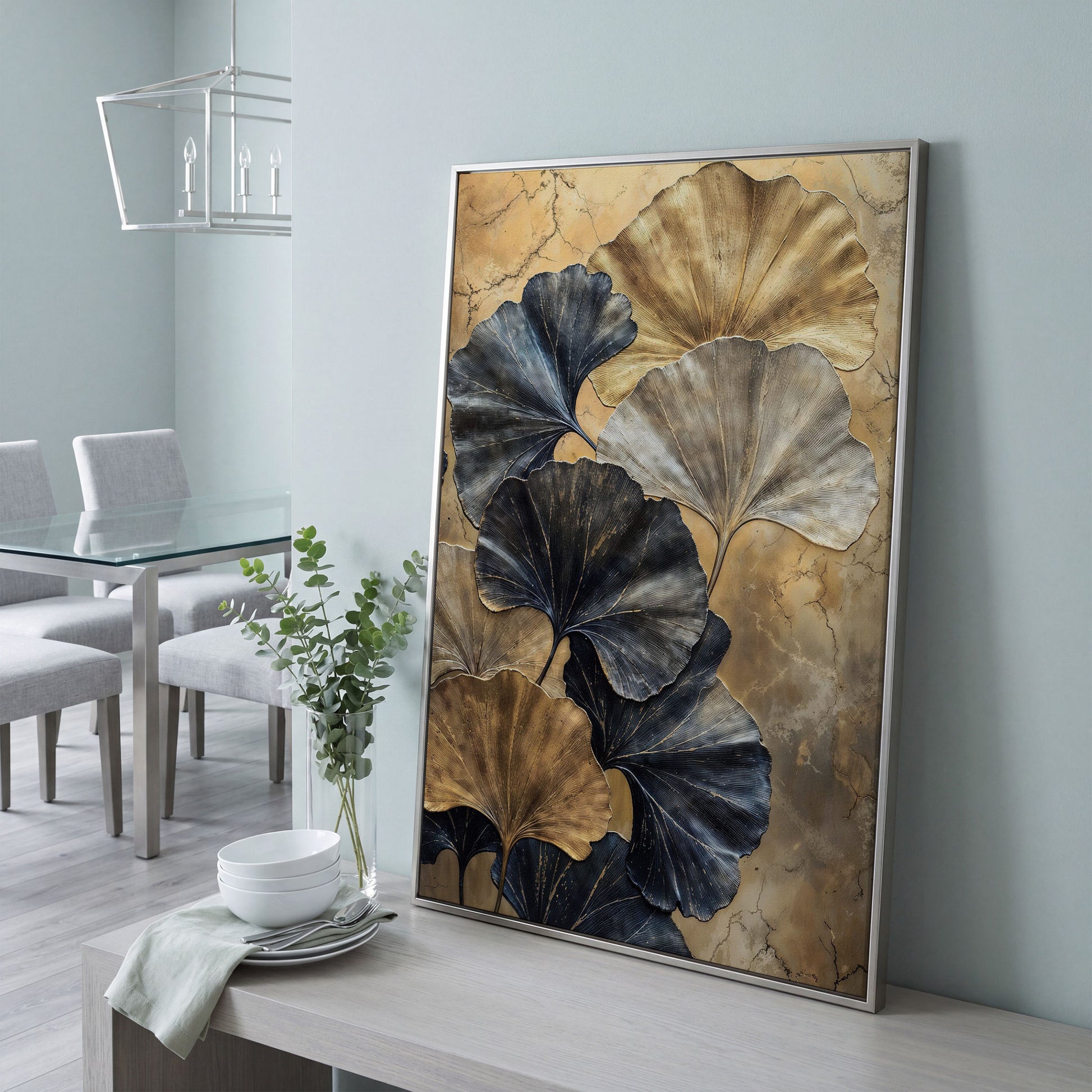 Golden Ginkgo Leaves on Charcoal Canvas in silver floating frame