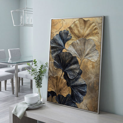 Golden Ginkgo Leaves on Charcoal Canvas in silver floating frame