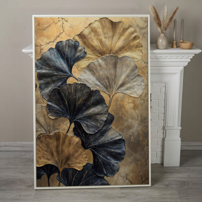 Golden Ginkgo Leaves on Charcoal Canvas in white floating frame