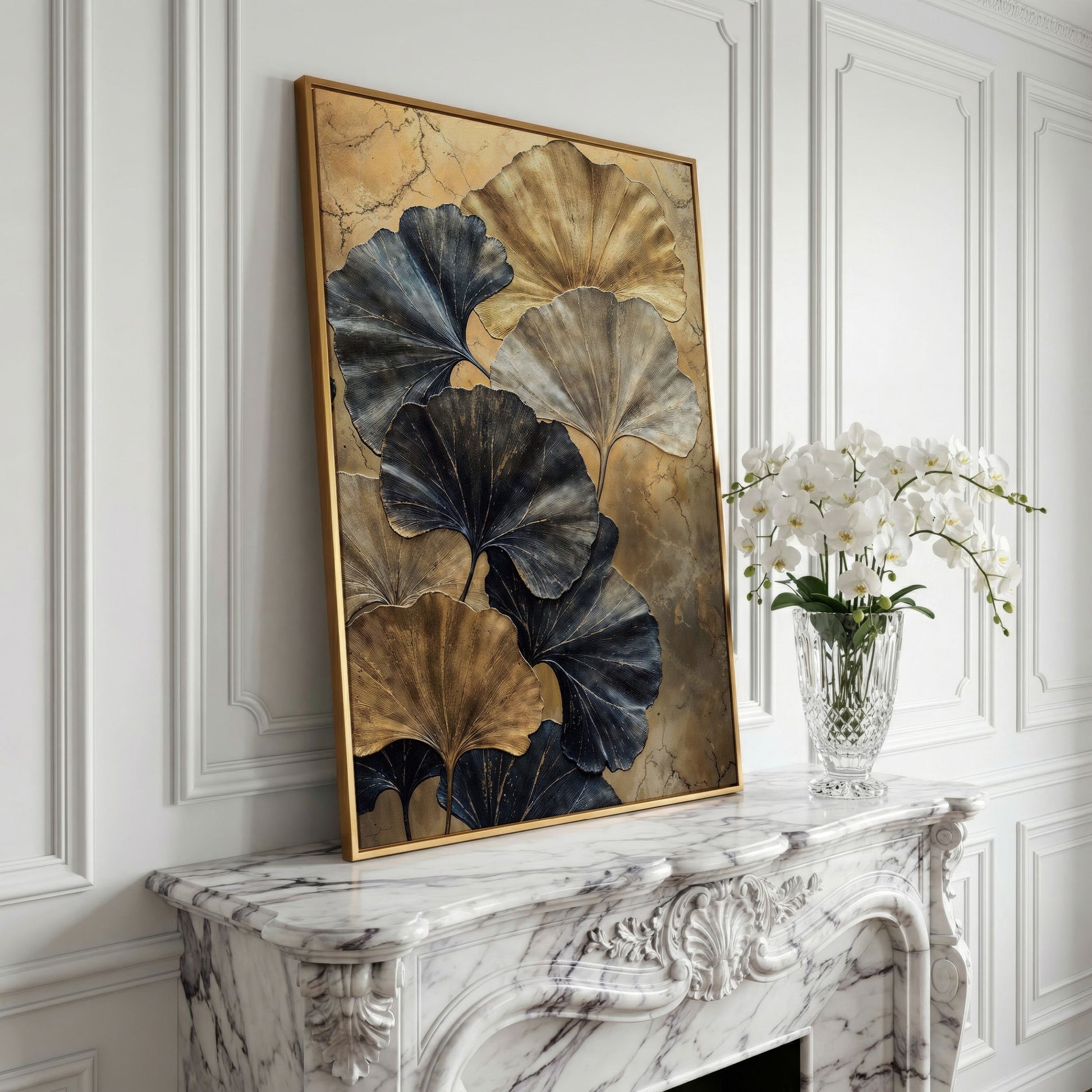 Golden Ginkgo Leaves on Charcoal Canvas in yellow gold floating frame