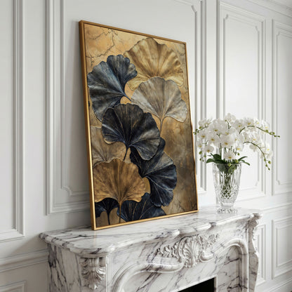 Golden Ginkgo Leaves on Charcoal Canvas in yellow gold floating frame
