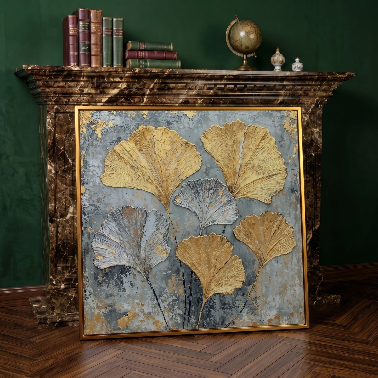 Ginkgo Leaves Canvas Print, Gray and Gold Botanical in antique gold floating frame
