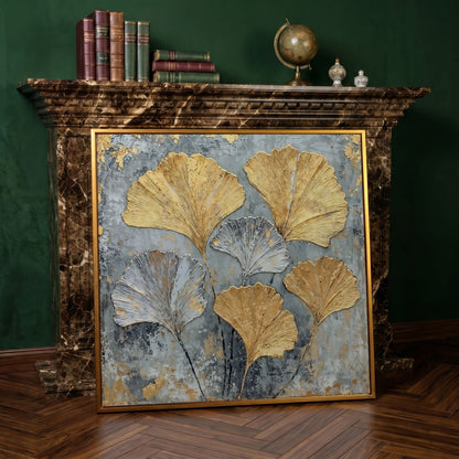 Ginkgo Leaves Canvas Print, Gray and Gold Botanical in antique gold floating frame