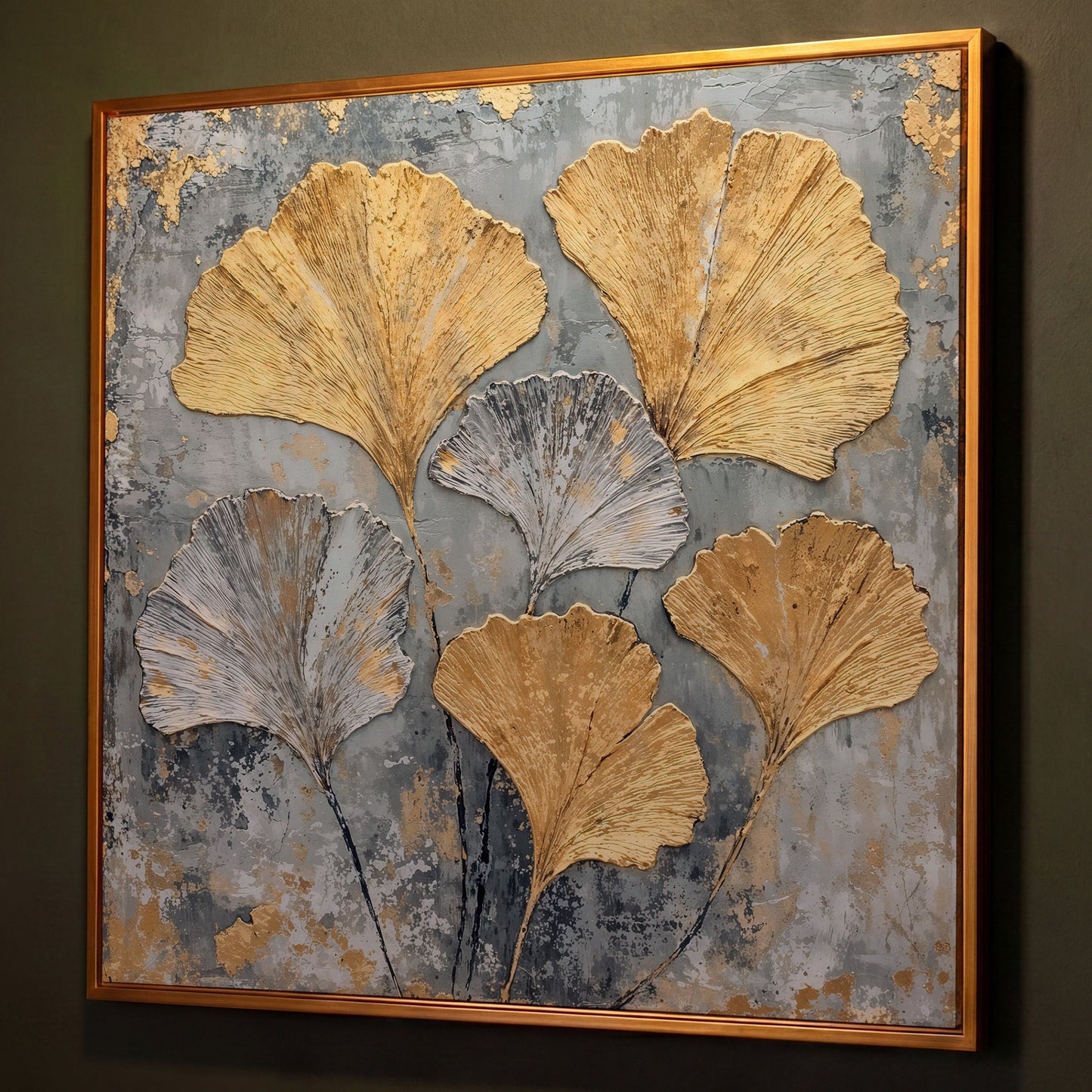 Ginkgo Leaves Canvas Print, Gray and Gold Botanical shown in antique gold floating frame
