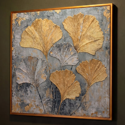 Ginkgo Leaves Canvas Print, Gray and Gold Botanical shown in antique gold floating frame