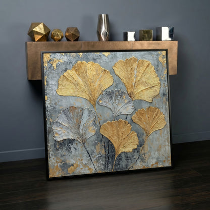 Ginkgo Leaves Canvas Print, Gray and Gold Botanical in black floating frame