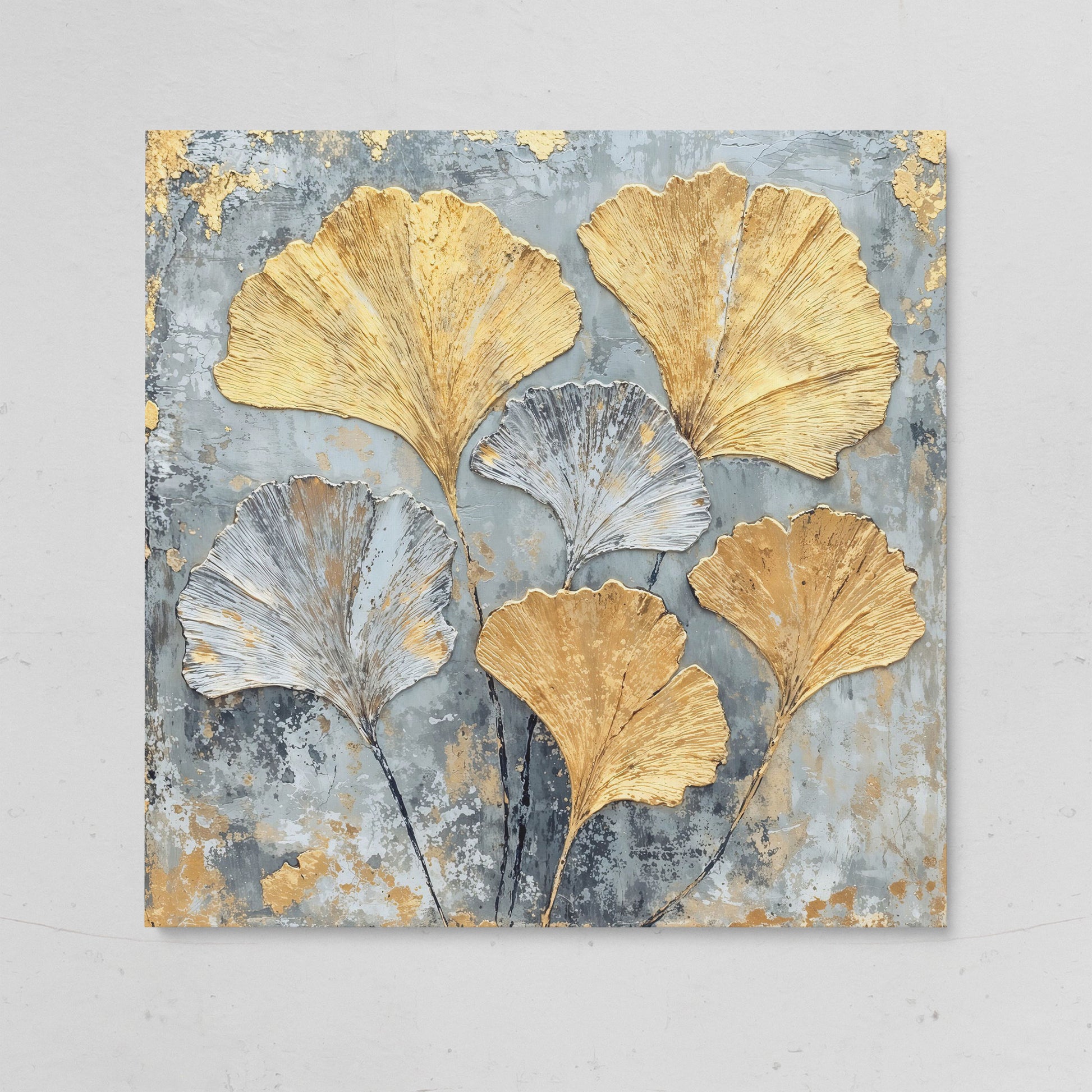 Ginkgo Leaves Canvas Print, Gray and Gold Botanical on gallery wrap