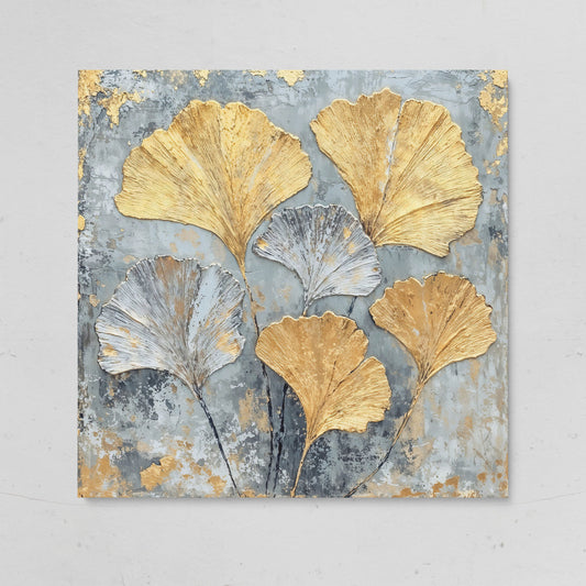 Ginkgo Leaves Canvas Print, Gray and Gold Botanical on gallery wrap