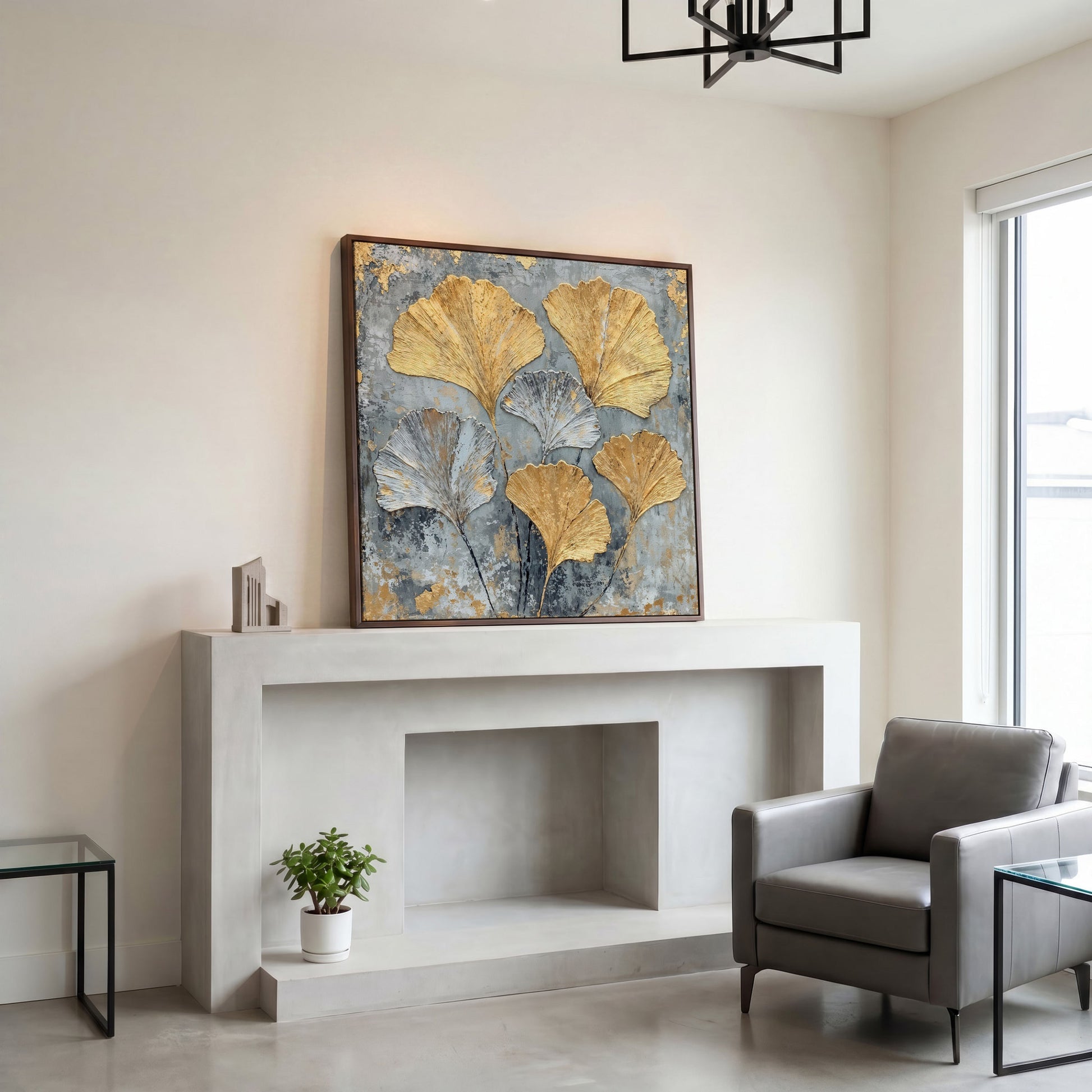 Ginkgo Leaves Canvas Print, Gray and Gold Botanical in dark walnut floating frame