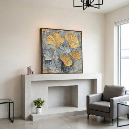 Ginkgo Leaves Canvas Print, Gray and Gold Botanical in dark walnut floating frame