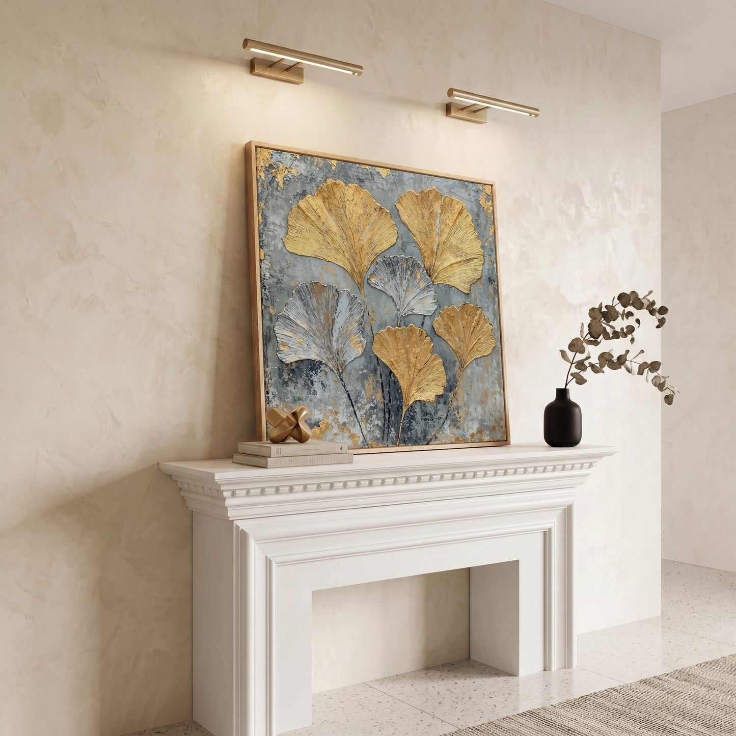 Ginkgo Leaves Canvas Print, Gray and Gold Botanical in white oak floating frame