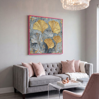 Ginkgo Leaves Canvas Print, Gray and Gold Botanical in pink floating frame