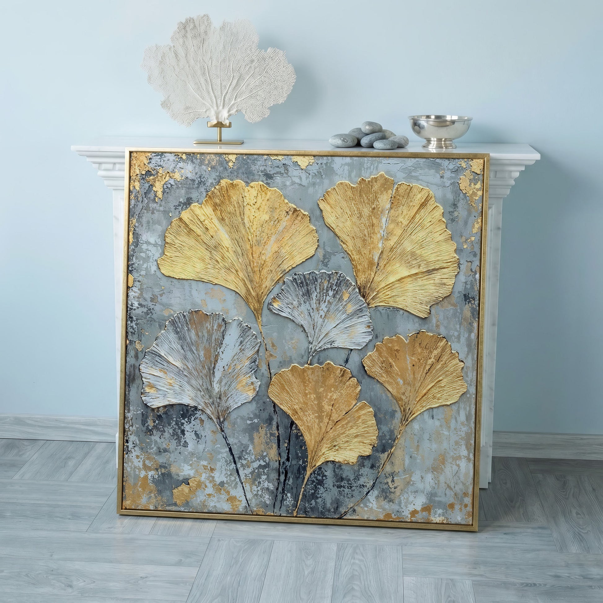 Ginkgo Leaves Canvas Print, Gray and Gold Botanical in rose gold floating frame