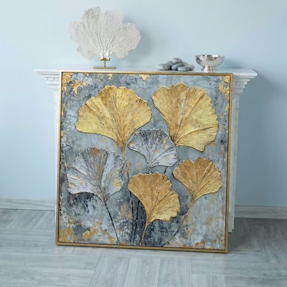 Ginkgo Leaves Canvas Print, Gray and Gold Botanical in rose gold floating frame