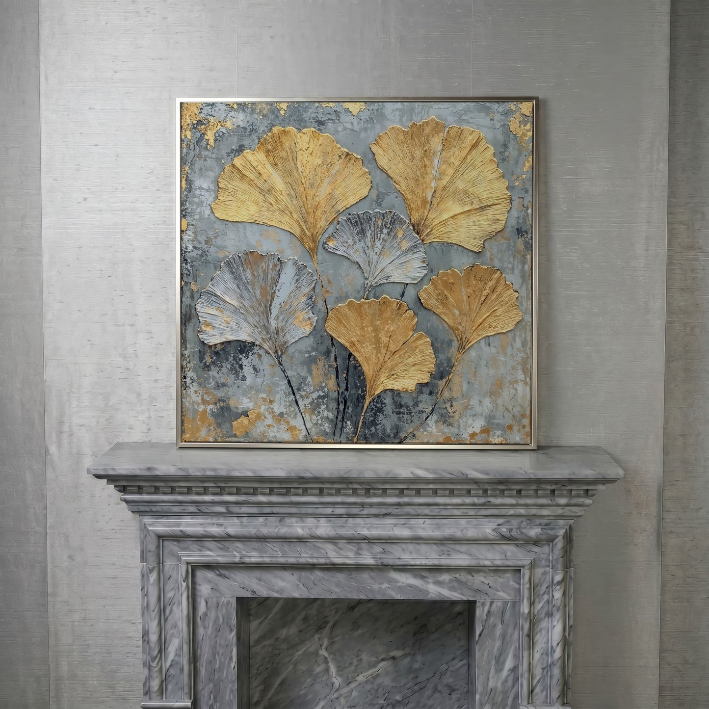 Ginkgo Leaves Canvas Print, Gray and Gold Botanical in silver floating frame