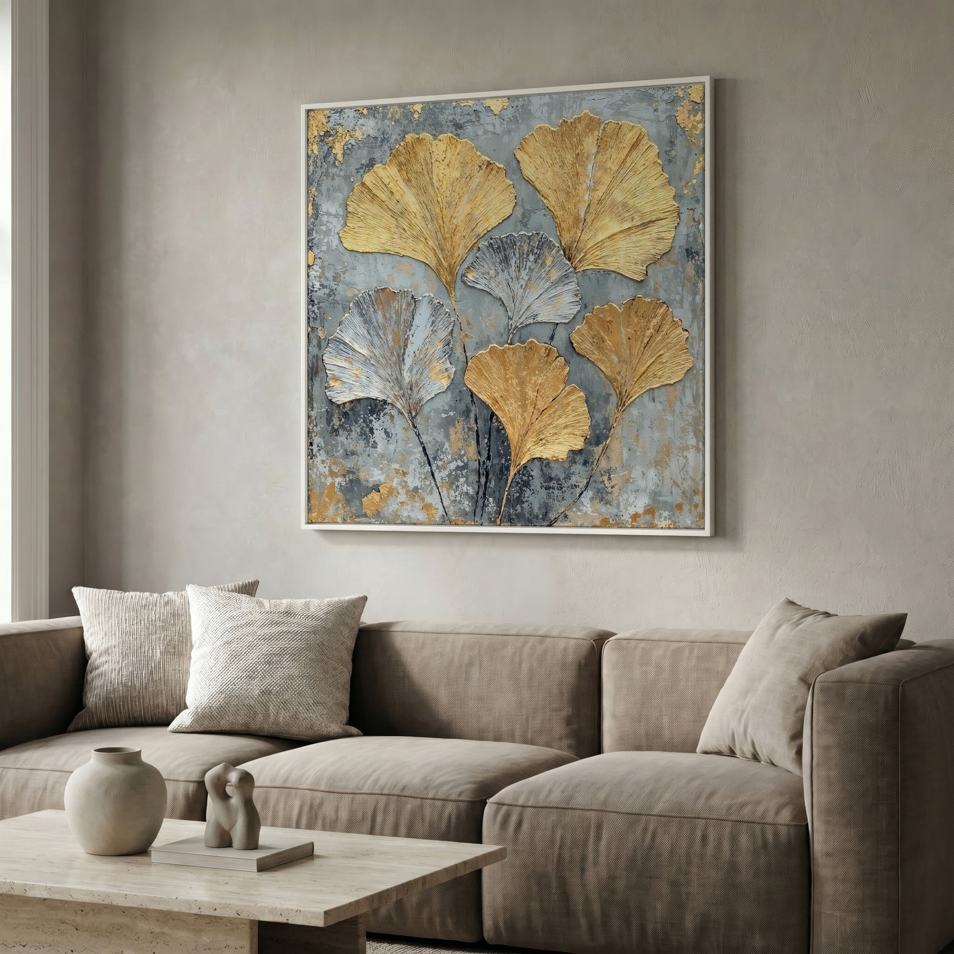 Ginkgo Leaves Canvas Print, Gray and Gold Botanical in white floating frame