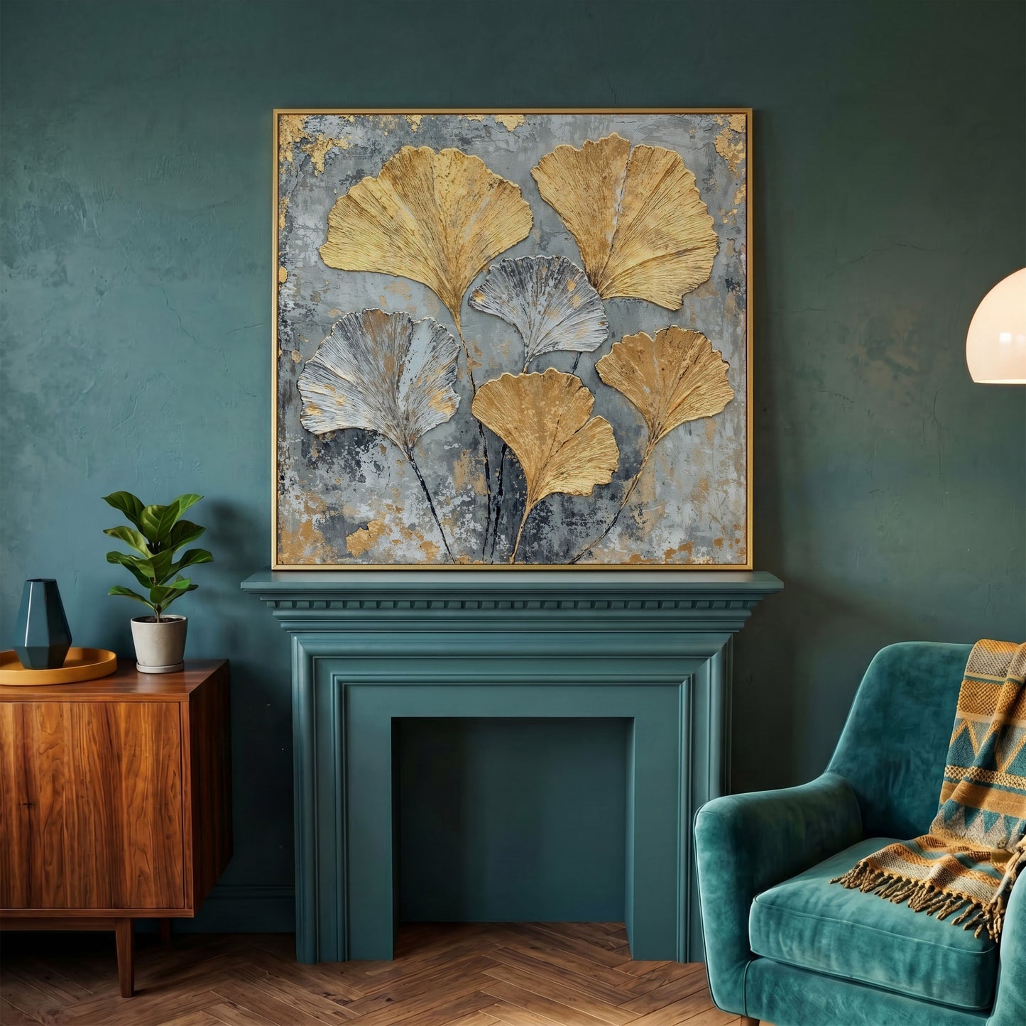 Ginkgo Leaves Canvas Print, Gray and Gold Botanical in yellow gold floating frame