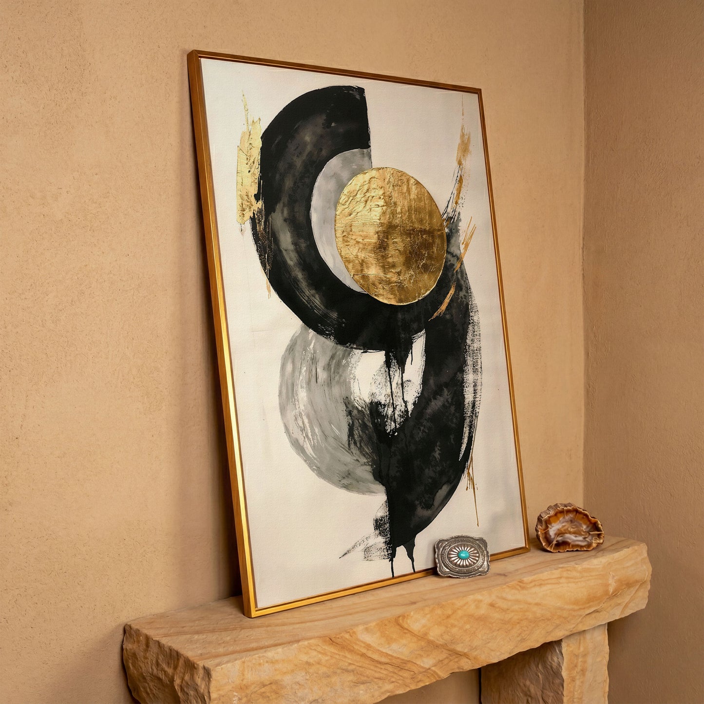 Gold Circle Abstract Canvas Print in antique gold floating frame
