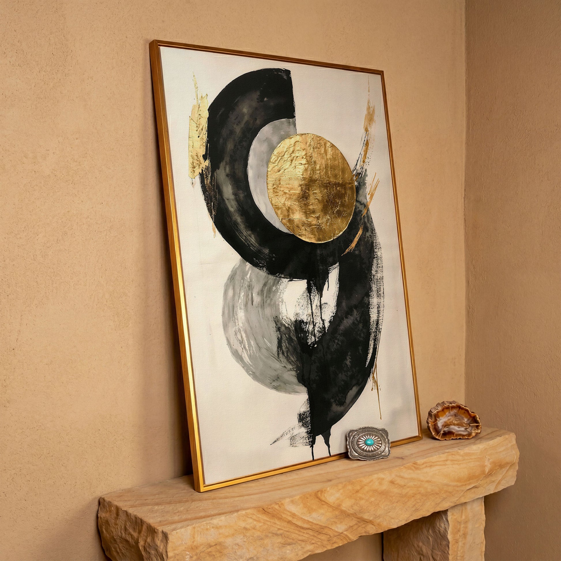 Gold Circle Abstract Canvas Print in antique gold floating frame