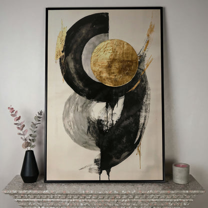 Gold Circle Abstract Canvas Print in black floating frame
