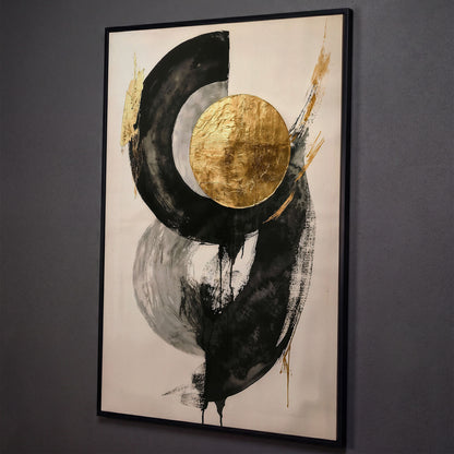 Gold Circle Abstract Canvas Print shown in black floating frame