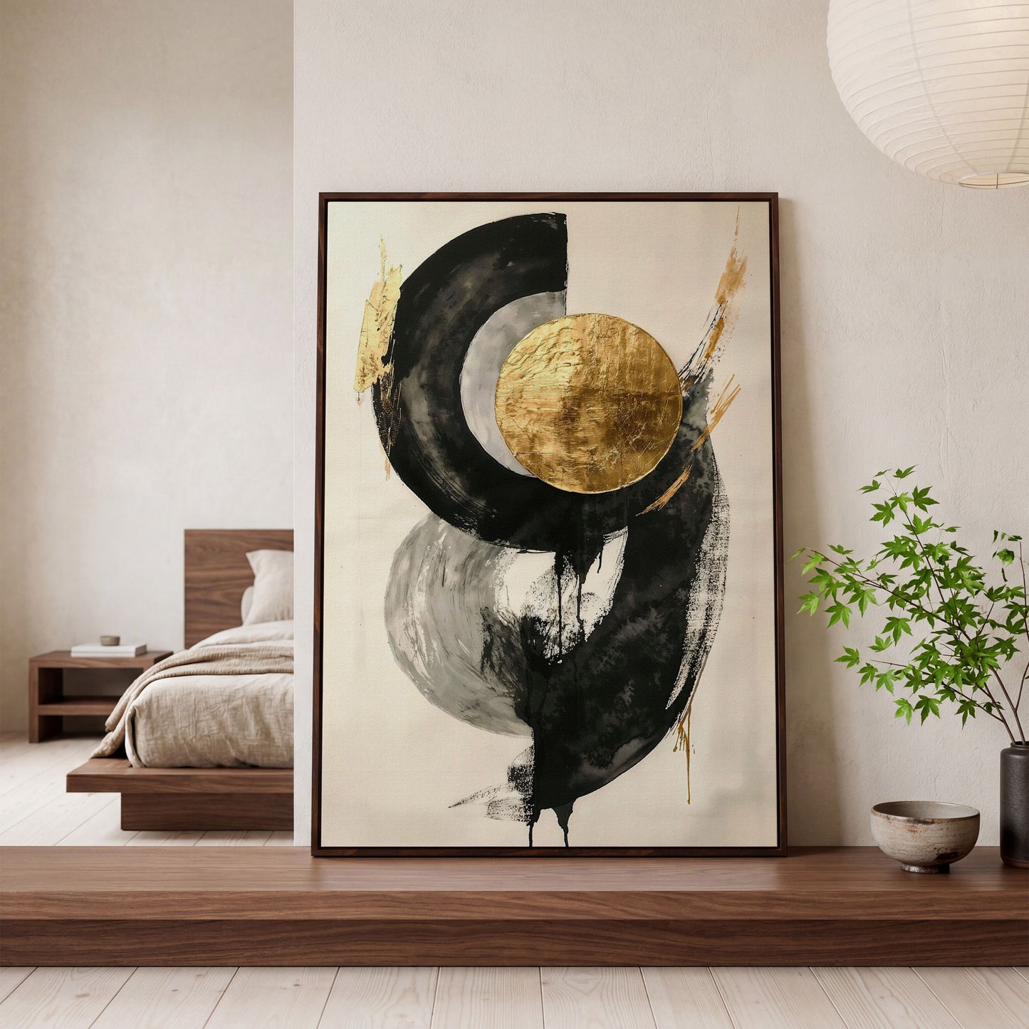 Gold Circle Abstract Canvas Print in dark walnut floating frame