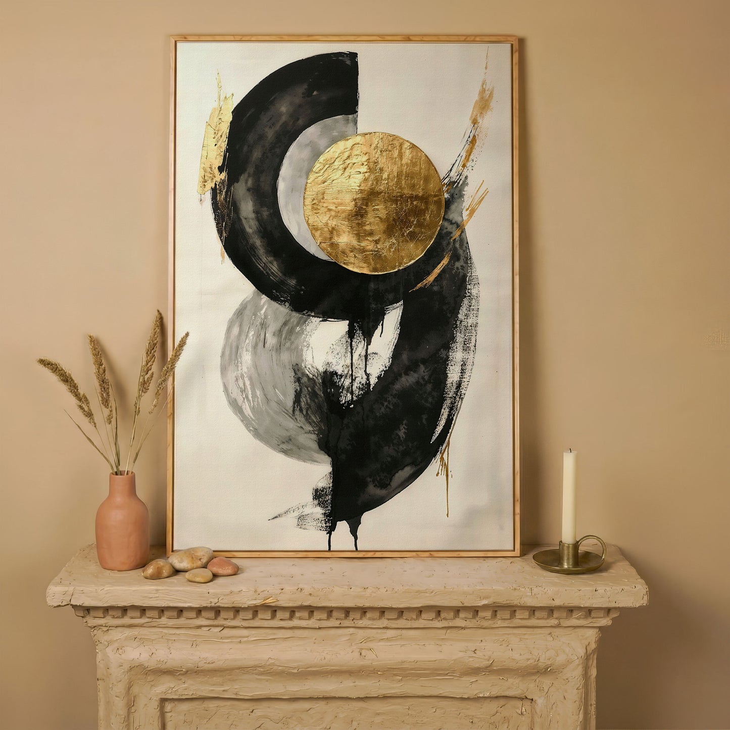 Gold Circle Abstract Canvas Print in white oak floating frame