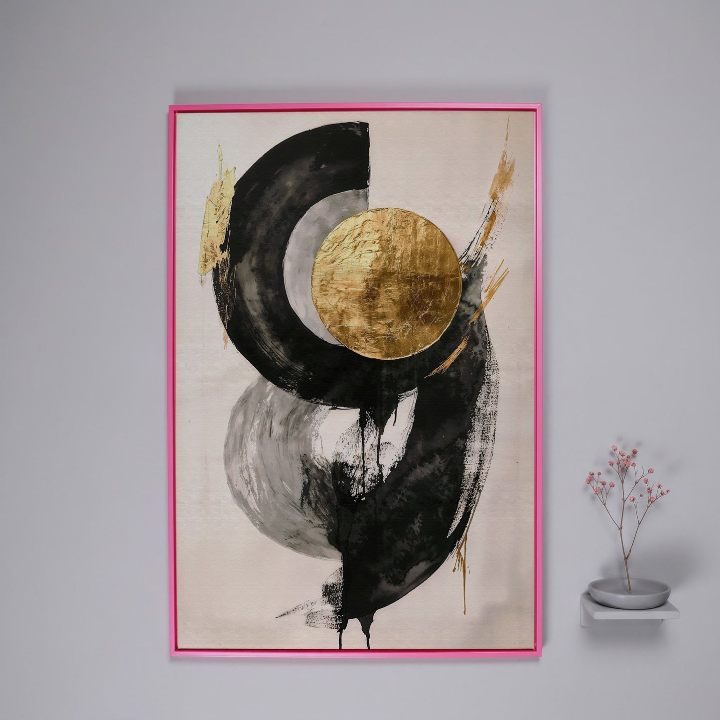 Gold Circle Abstract Canvas Print in pink floating frame