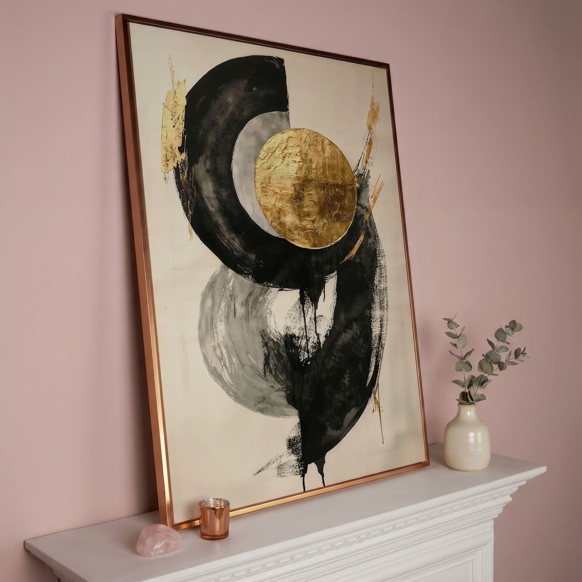 Gold Circle Abstract Canvas Print in rose gold floating frame
