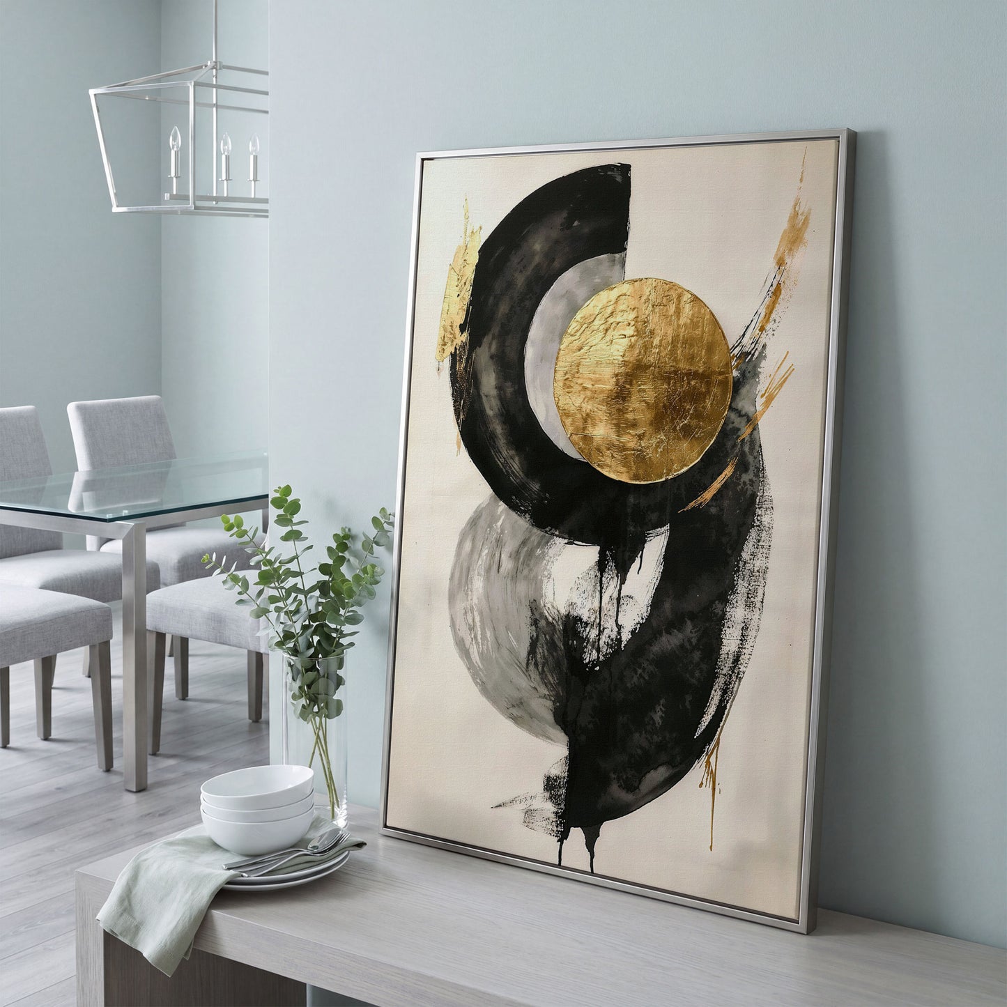 Gold Circle Abstract Canvas Print in silver floating frame