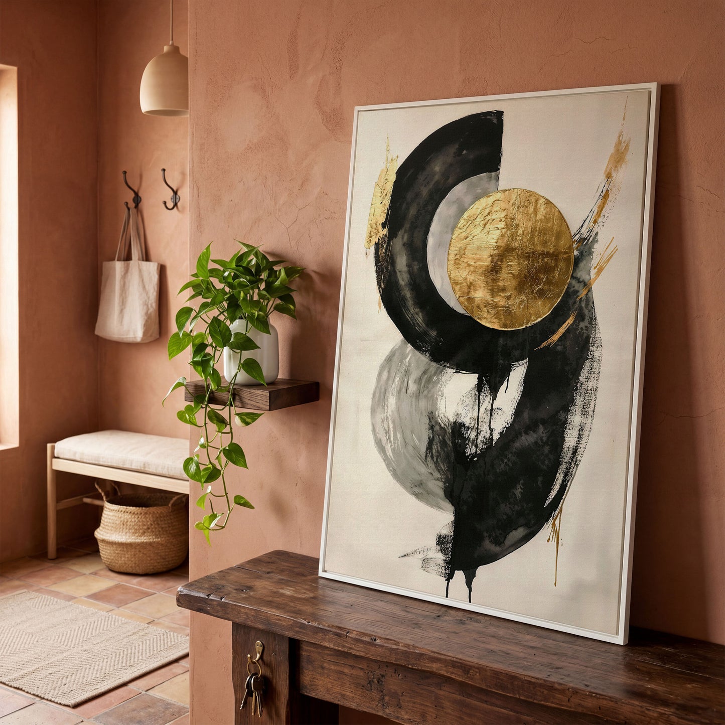 Gold Circle Abstract Canvas Print in white floating frame