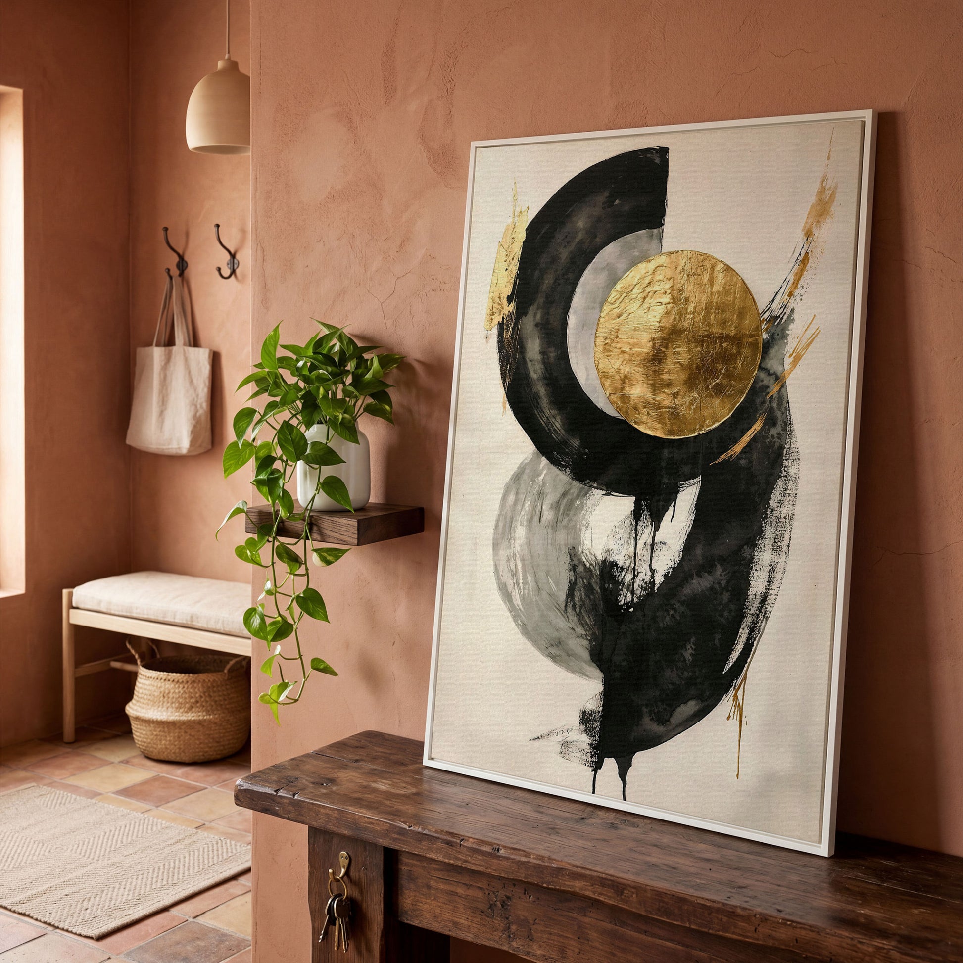 Gold Circle Abstract Canvas Print in white floating frame