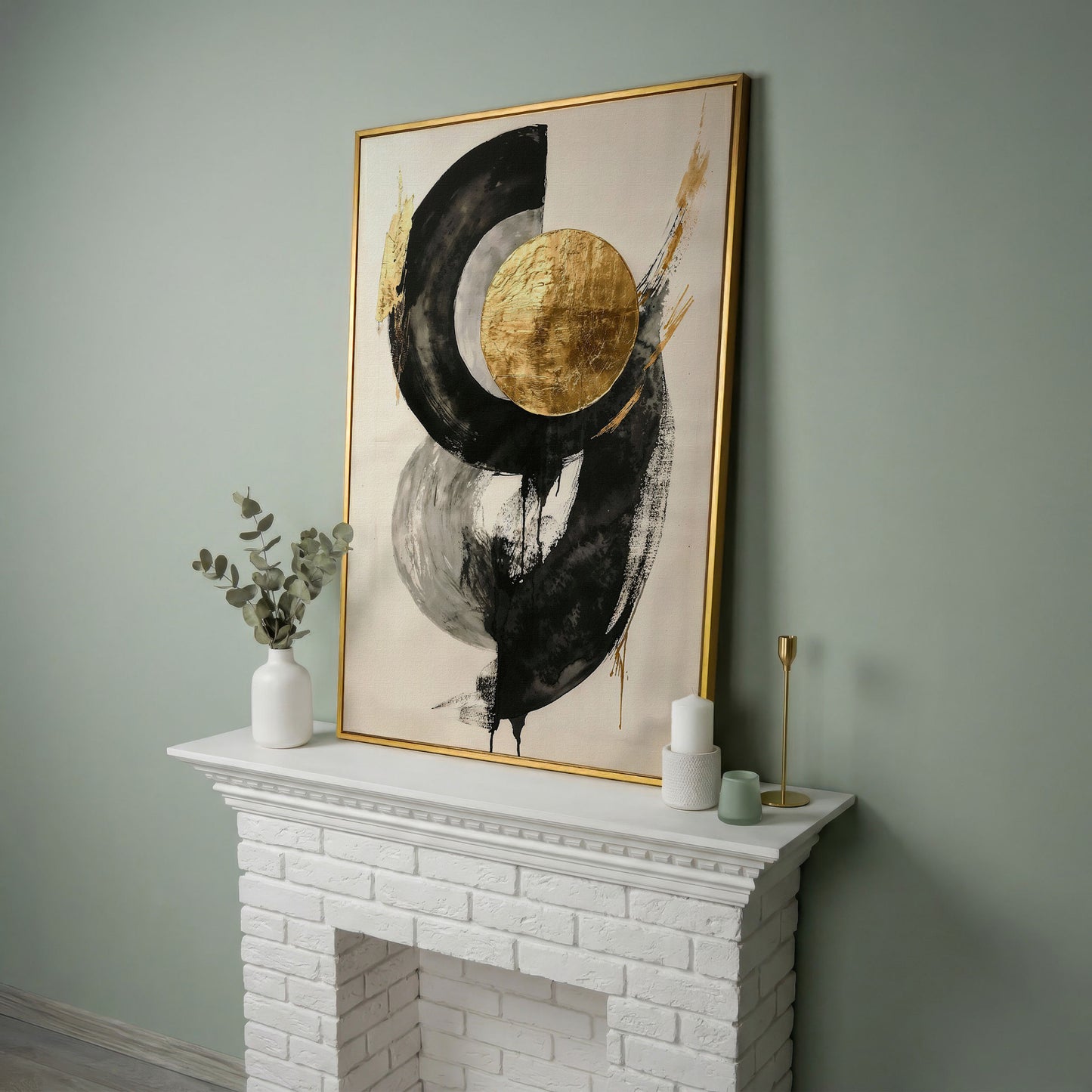 Gold Circle Abstract Canvas Print in yellow gold floating frame