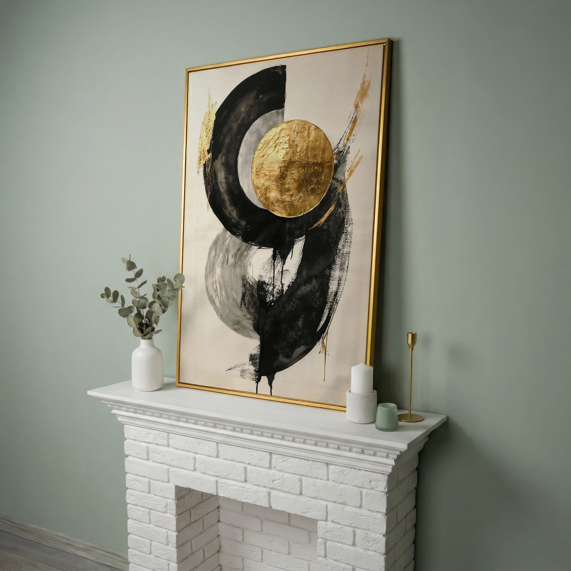 Gold Circle Abstract Canvas Print in yellow gold floating frame