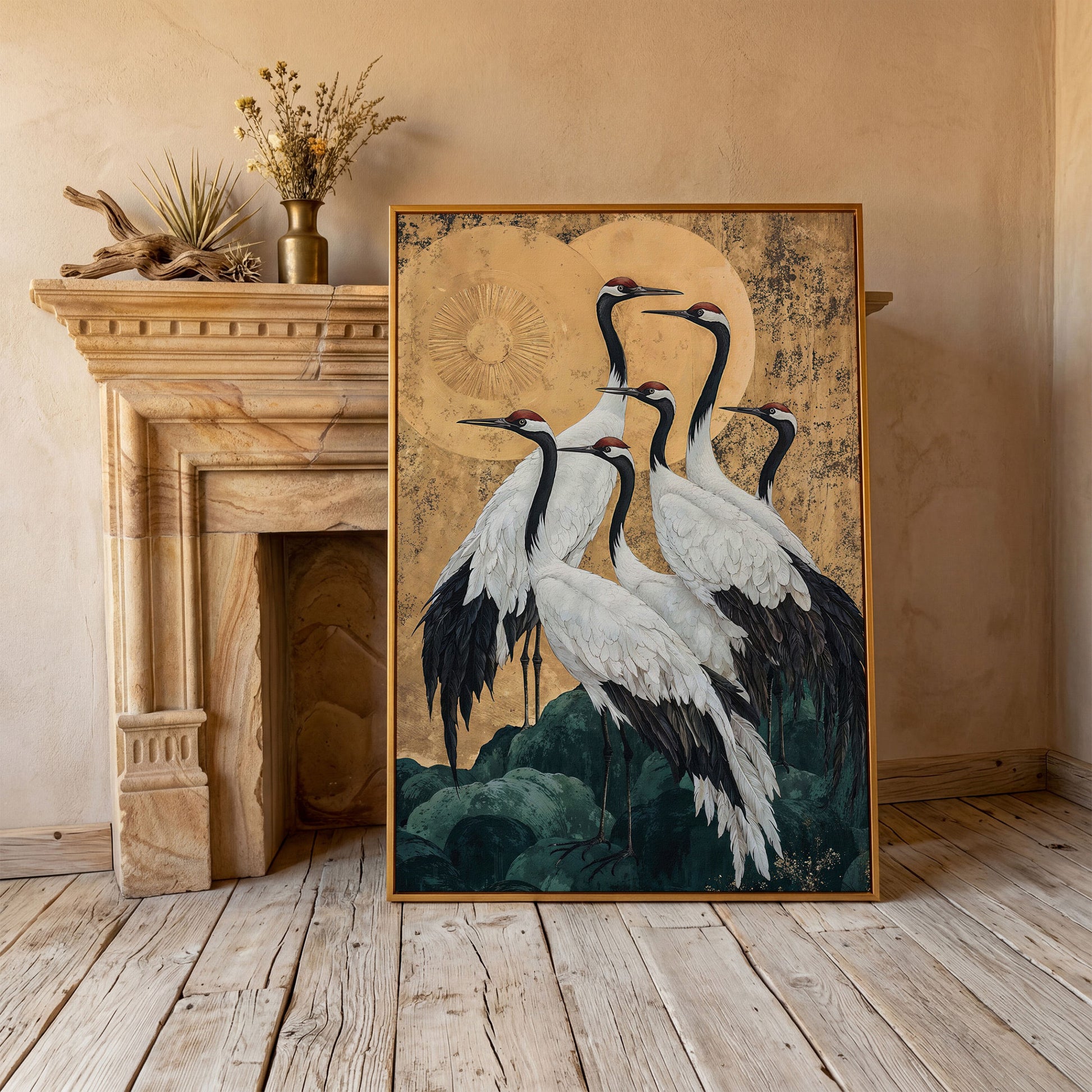 Japanese Cranes Canvas Print in Ochre and Gold in antique gold floating frame