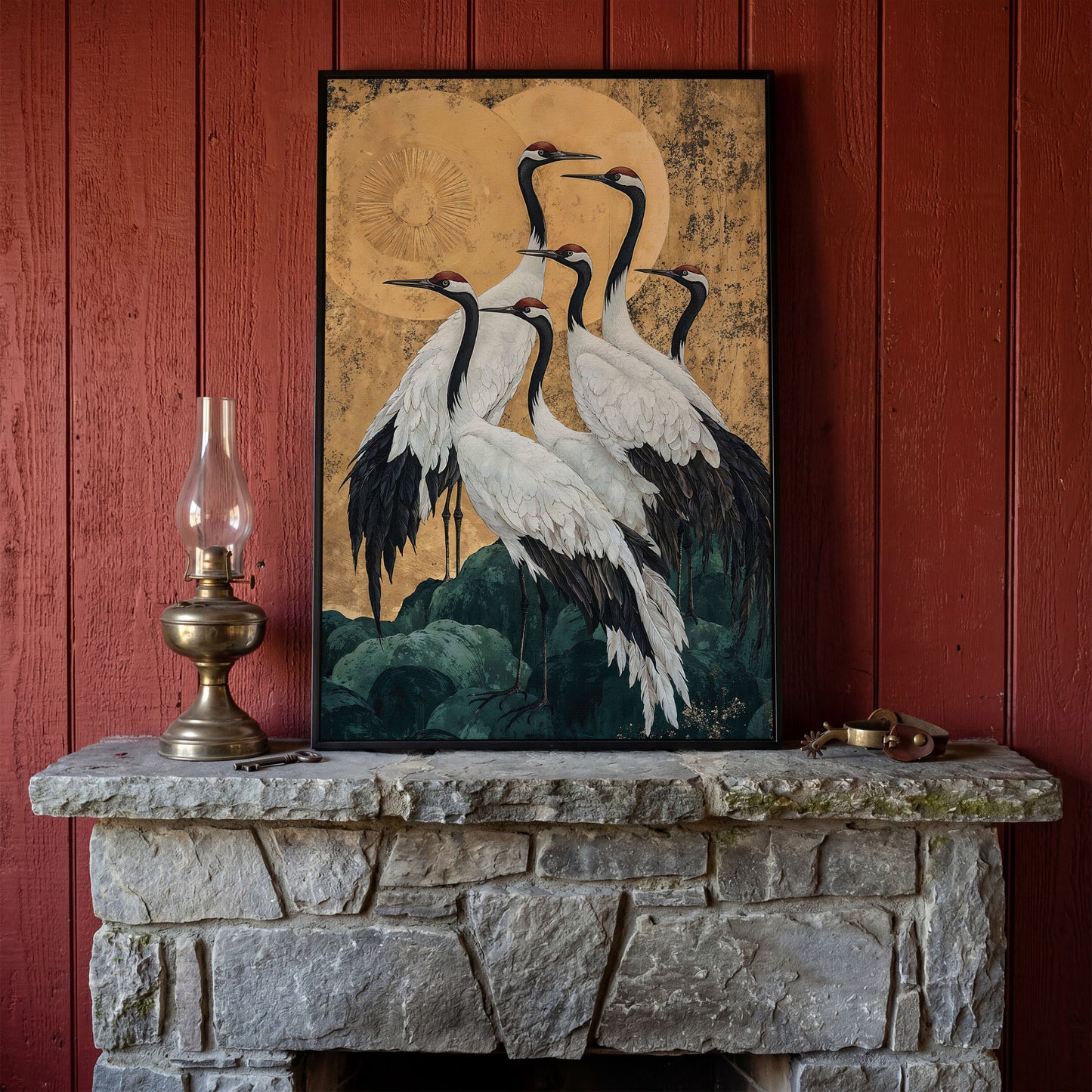Japanese Cranes Canvas Print in Ochre and Gold in black floating frame