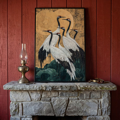 Japanese Cranes Canvas Print in Ochre and Gold in black floating frame