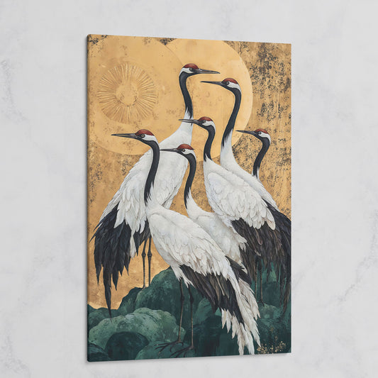 Japanese Cranes Canvas Print in Ochre and Gold on gallery wrap