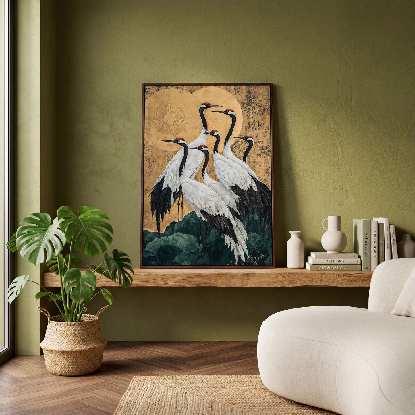 Japanese Cranes Canvas Print in Ochre and Gold in dark walnut floating frame