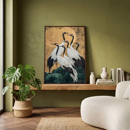 Japanese Cranes Canvas Print in Ochre and Gold in dark walnut floating frame