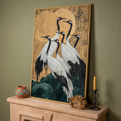 Japanese Cranes Canvas Print in Ochre and Gold in white oak floating frame