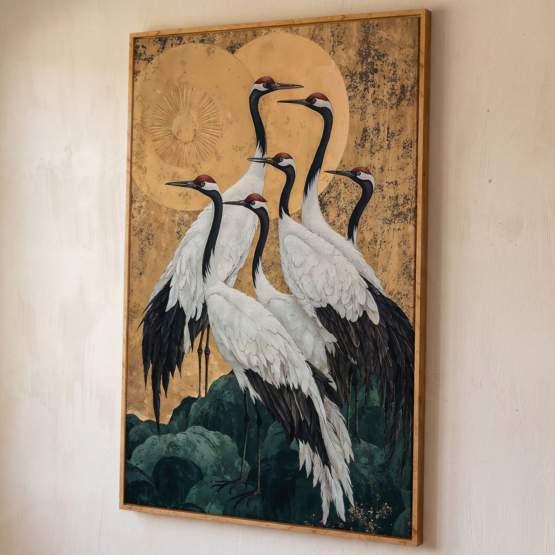 Japanese Cranes Canvas Print in Ochre and Gold shown in white oak floating frame