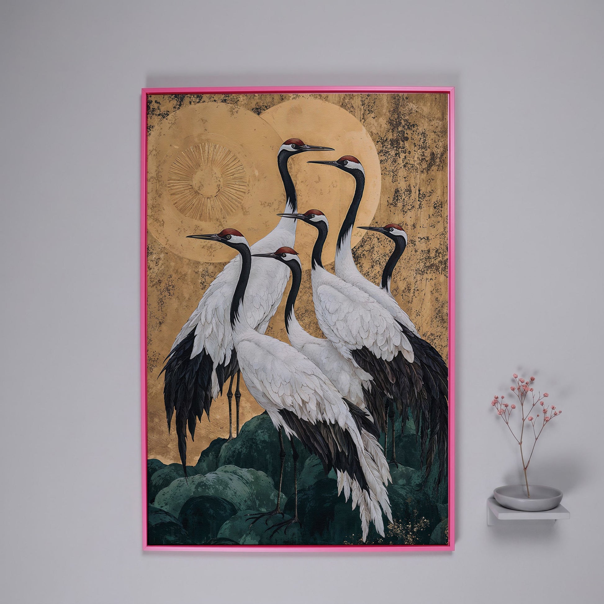 Japanese Cranes Canvas Print in Ochre and Gold in pink floating frame