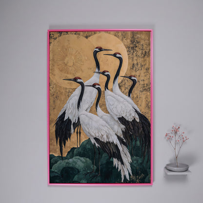 Japanese Cranes Canvas Print in Ochre and Gold in pink floating frame