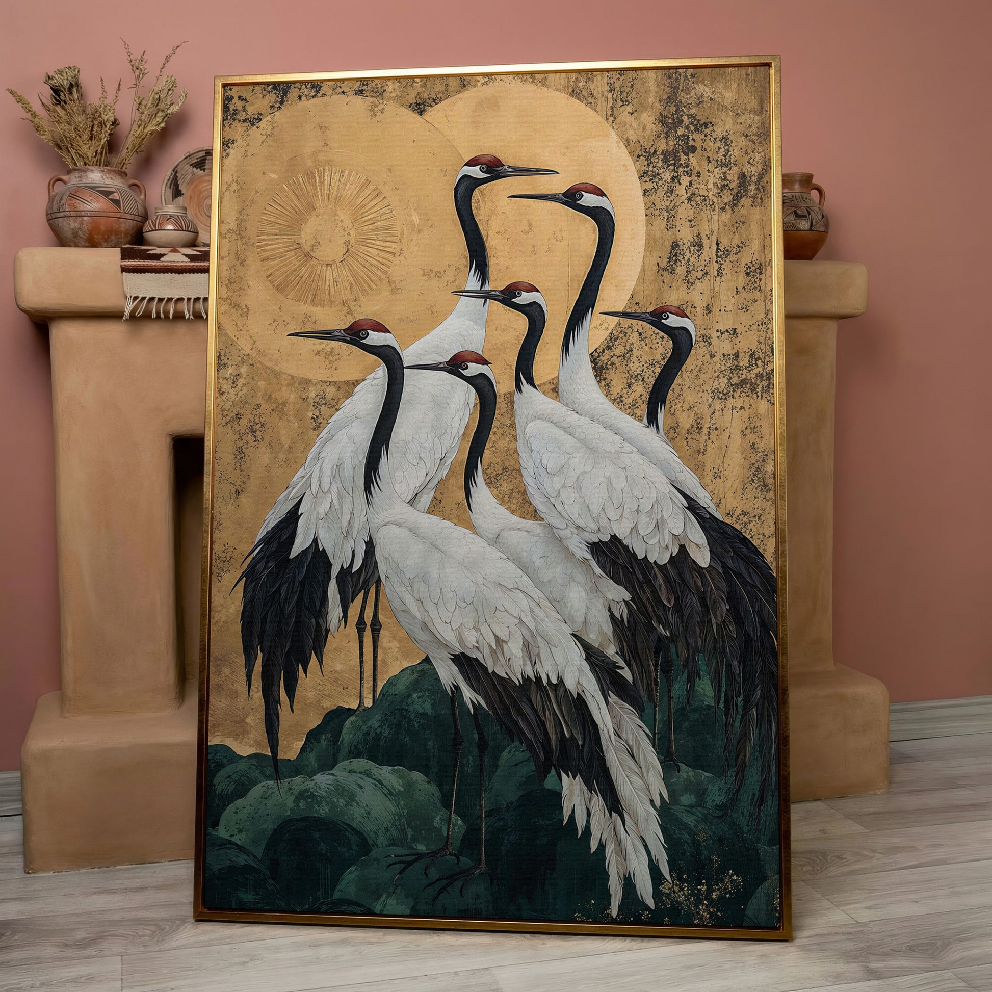 Japanese Cranes Canvas Print in Ochre and Gold in rose gold floating frame