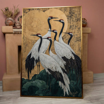 Japanese Cranes Canvas Print in Ochre and Gold in rose gold floating frame