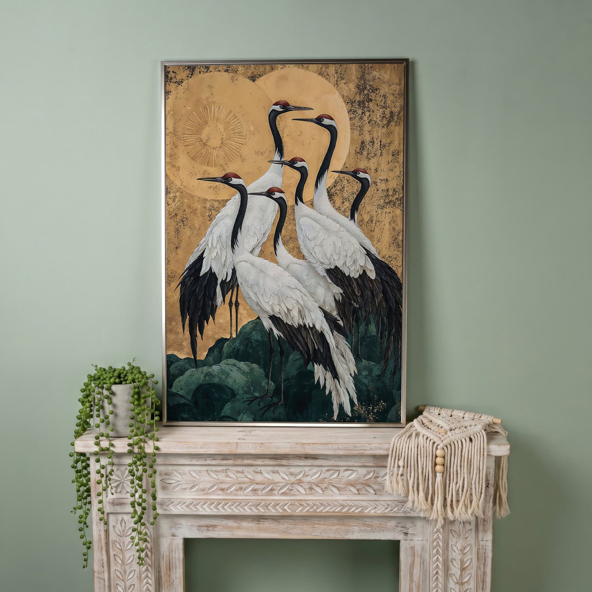 Japanese Cranes Canvas Print in Ochre and Gold in silver floating frame