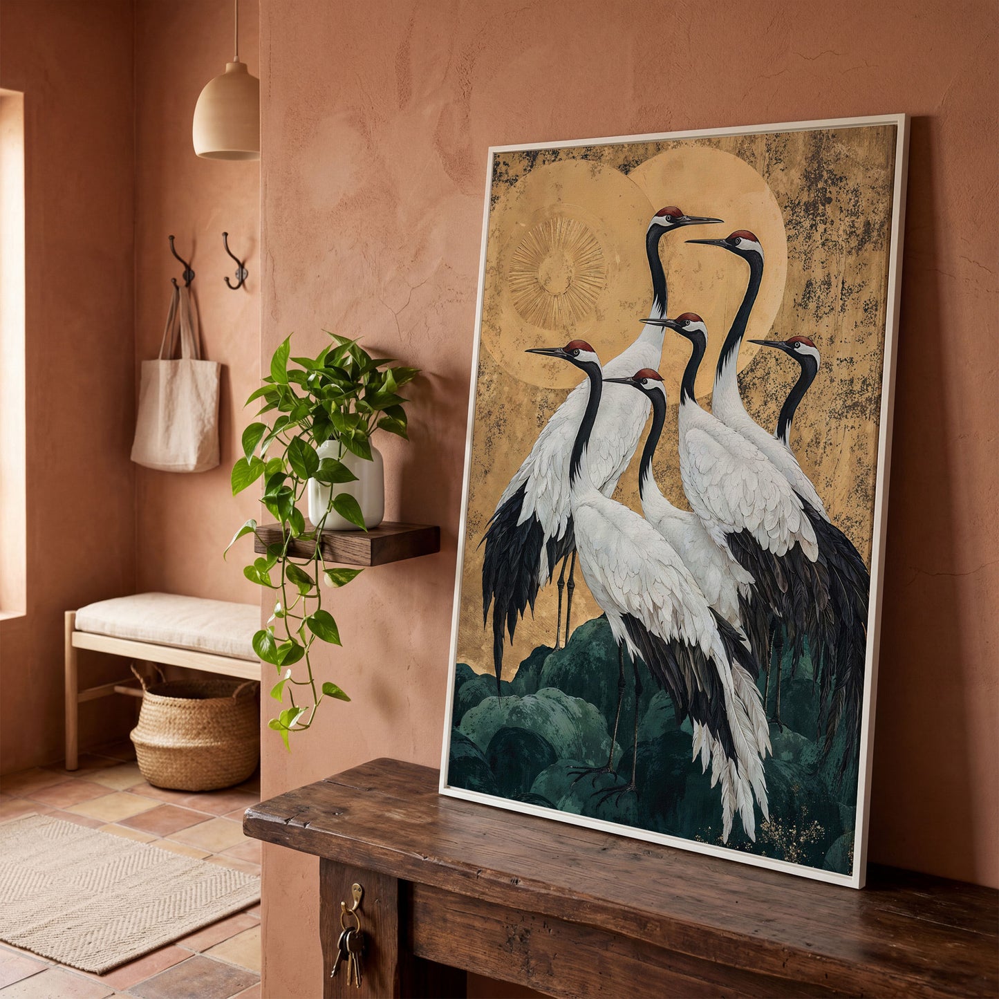 Japanese Cranes Canvas Print in Ochre and Gold in white floating frame