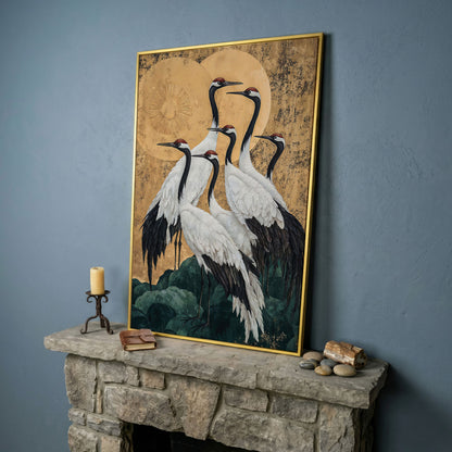 Japanese Cranes Canvas Print in Ochre and Gold in yellow gold floating frame